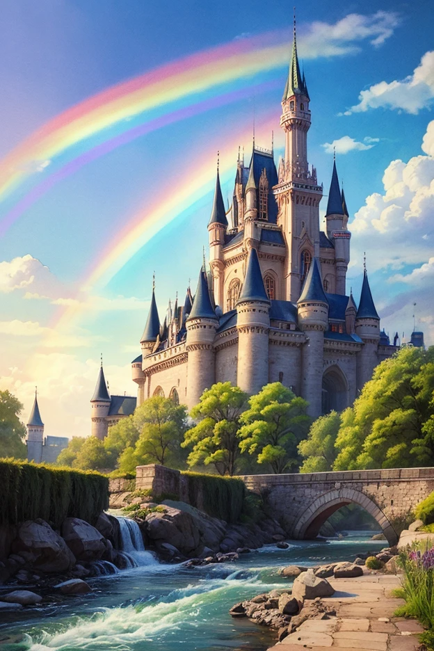  vivid watercolor painting ,A bold touch ,Imposing Castle,Rainbow-colored River Flows,Beautiful Princess,