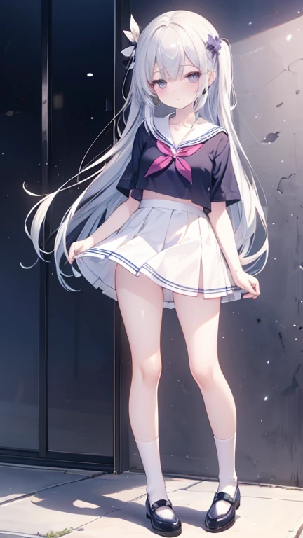 Masterpiece（（tmasterpiece）），（White color blouse），（（Black JK miniskirt）），（White transparent stockings），adolable，is shy，（Long yellow）Hair，red bowtie，long leges，Open navel，No shoes on，（standing on your feet），（a sailor suit）