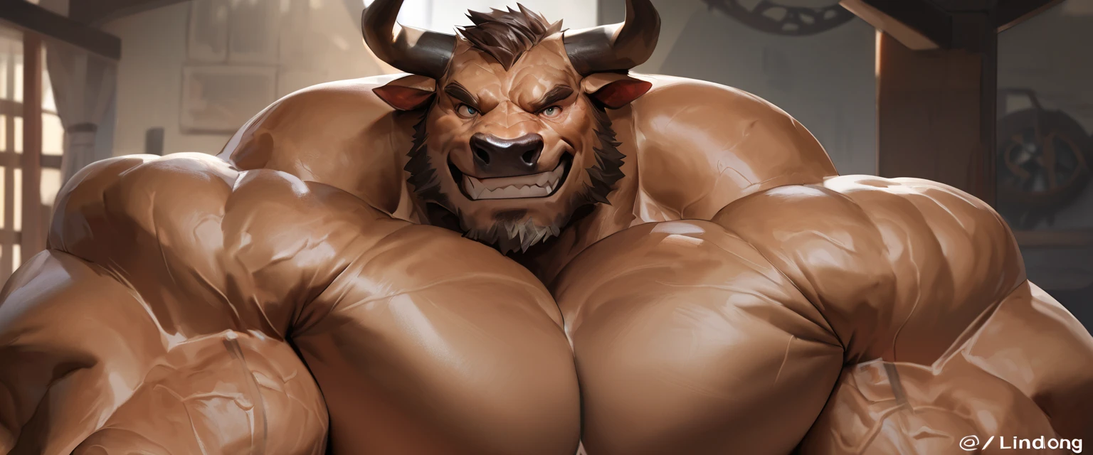 4k, high resolution, best quality, perfect colors, perfect shadows, perfect lighting, furry body, solo, anthro brown bull, (monotone brown fur, no tail, nails on hands:1.3), male, (middle-aged, mature:1.2), (curved bovine horns), (grey beard:1.45), (strongman, heavily muscular, beefy, massive, veiny, abs, buff, manly, masculine:1.4), correct anatomy, ((correct hands)), detailed bull eyes, (by Taran Fiddler, by Chunie, by Rukis, Bonifasko lighting), (photorealistic fur, detailed fur, epic, masterpiece:1.2), bedroom background, window, curtains, furniture, bed, lying back on the bed, teasing, girthy overweight oversized thick wide cock, swollen balls, excessive precum, hoof feet, the cock is too big