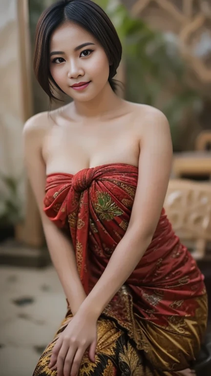 RAW, Best quality, high resolution, masterpiece, a beautiful girl, detailed body tattoos, wearing sarong dress, beautiful detailed eyes, baby face, cute girl, big breasts, earrings, necklace, Javanese ornaments, perfect wet soaked body, wet clothes, cleavage cutout, open breast, black chignon hair, open stand, realistic, Soft smile, thick thighs, woman standing in the river forest in a batik patterned patung dress, she is about 20 years old, pale white skin, wearing a sexy patung dress, photorealistic, 8k, masterpiece, highly detailed, digital painting, vibrant colors, dramatic lighting