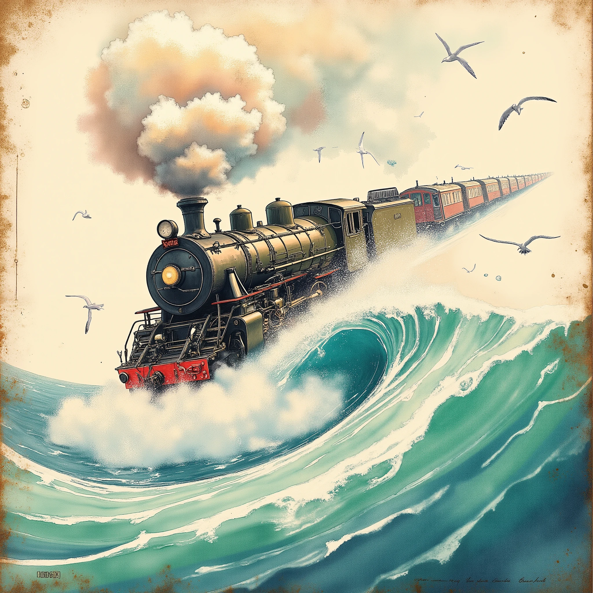 Whimsical watercolor illustration with bold hand-drawn outlines, a steam locomotive bursts through cotton-candy clouds, plummeting toward turquoise waves where its twin glides on aquatic rails. Paint bleeds create ethereal trails, ink splatters morph into seagulls, vintage book texture overlays the scene in sepia nostalgia. Perspective warps dramatically upward, capturing both skybound iron beast and oceanic reflection in one impossible moment.