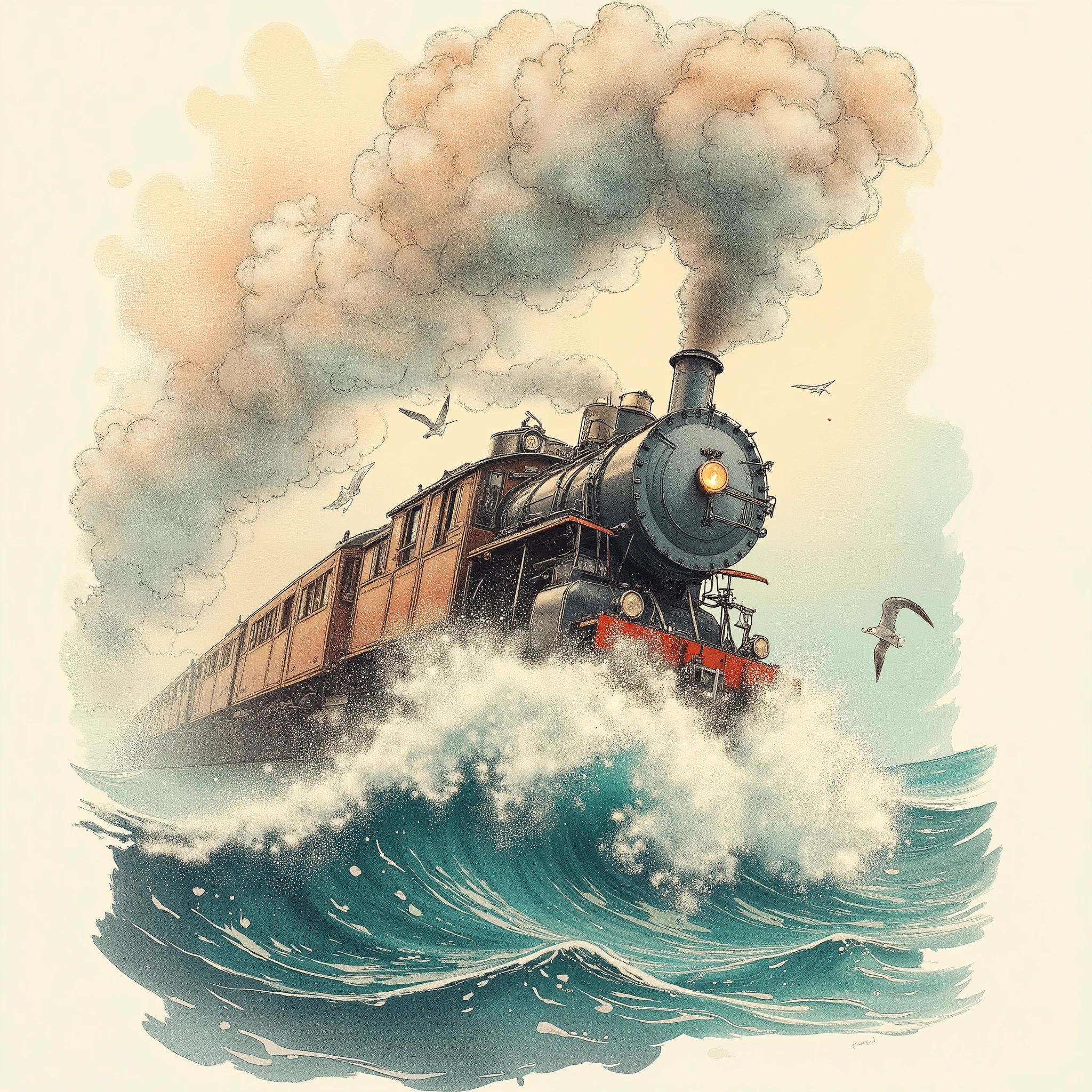 Whimsical watercolor illustration with bold hand-drawn outlines, a steam locomotive bursts through cotton-candy clouds, plummeting toward turquoise waves where its twin glides on aquatic rails. Paint bleeds create ethereal trails, ink splatters morph into seagulls, vintage book texture overlays the scene in sepia nostalgia. Perspective warps dramatically upward, capturing both skybound iron beast and oceanic reflection in one impossible moment.