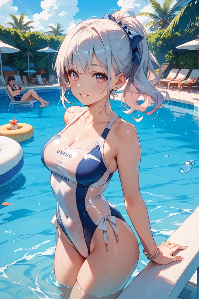 Anime Kawaii sexy Perfect Slim sensual body large breast and huge thighs, An intricate and highly detailed illustration of anime (Young girl (cute), ((sexly)), ((Very detailed)), 4K, (8k), Highest quality,Cowboy Shot,Sexy woman, One Woman,Very large breasts,((Light blue hair color)),((Blue eyes)),(High Ponytail),((Embarrassing)),(((High leg competitive swimsuit))),Ultra-glossy body,Poolside