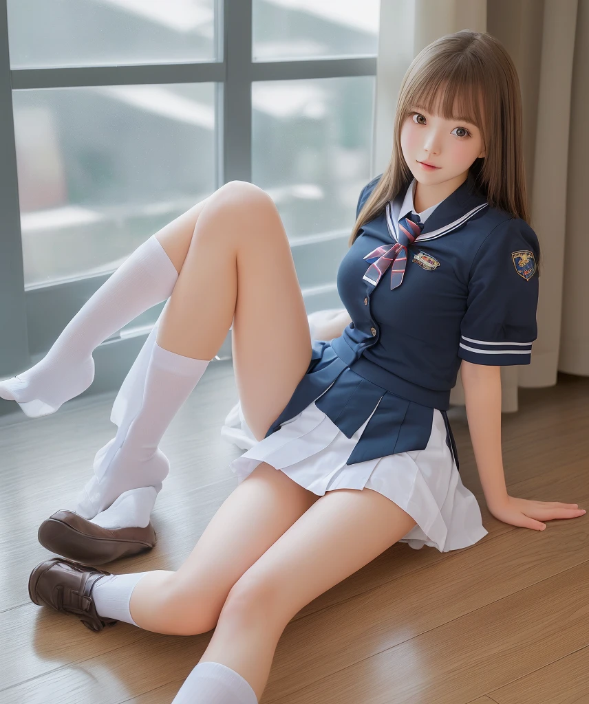 Beautiful meticulous girl, Very detailed eyes and face, Beautiful detailed eyes, Ridiculous, Incredibly ridiculous, Huge file size, super detailed, High resolution, Very detailed, Best Quality, masutepiece, Kemomimi, ((Japanese girls' high school uniform)), Illustration, Very detailed, nffsw, Unity, 8K Wallpaper, amazing, Fine details, masutepiece, Best Quality, Highly detailed ticker uniform 8K wallpaper, Face Light, Movie Lighting, 1girl in, , (witheout panties) ), (((Dynamic Pose))), (Camel toe), (half), (Beige pantyhose), (Crooked knees and legs sitting))、Glossy Pantyhose
