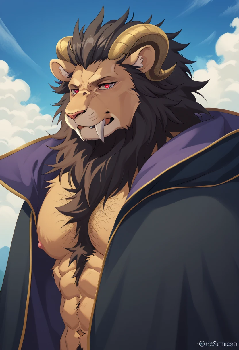 Leonhardt,Sacrificing the Princess and the King of Beasts,Male,adult,a lion,Goat Horns,One,4k,Best quality,Best quality,I look at the audience,,hairy body,Topless without gloves,Do not wear clothes,bare chest,hairy chest,fluffy tail,chest muscles,chest muscles pink nipples,Six pack abs,anatomically correct,Delicate fur,pride,Soft shadow,Majestic detailed face,high quality eyes,black eyes with red pupils,keen eyes,loincloth,cloak,,grandiose,Brave,Confident smile,Strong,mature,meadow,blue sky and white clouds