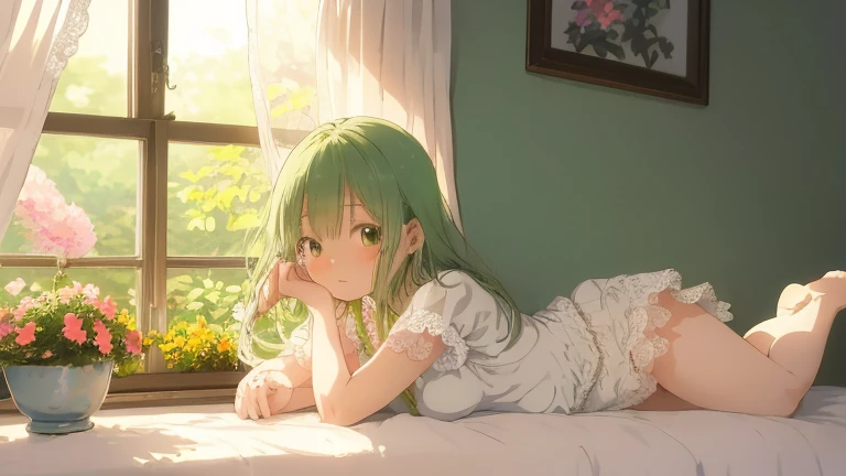 She lay on her side, her tousled green hair framing her face. She wore a simple white nightgown that hugged her slender form, leaving little to the imagination. Her thighs were covered by a lacy pair of white panties