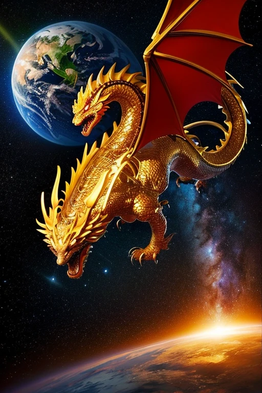 A golden dragon is flying in the starry sky