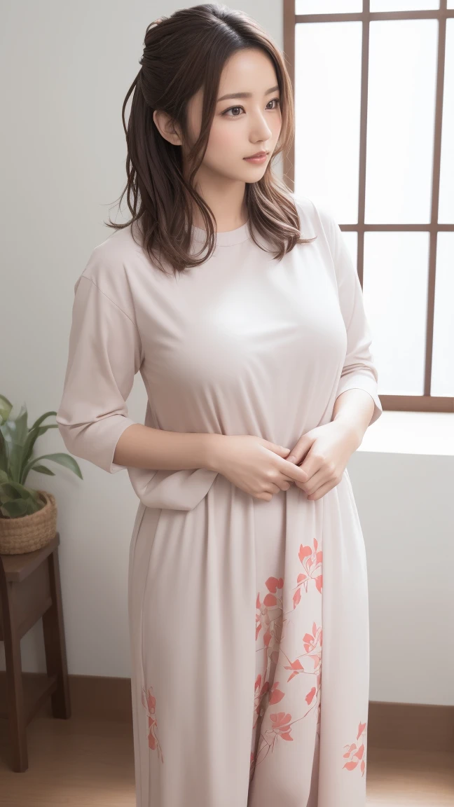 (top-quality、16K resolution) natural soft light、A Japanese Lady、Looking at the camera、Concrete background、Facing the front、is standing、long、Woman in her late teens、Light bangs、Salon model、Natural look、portlate、floated hair、