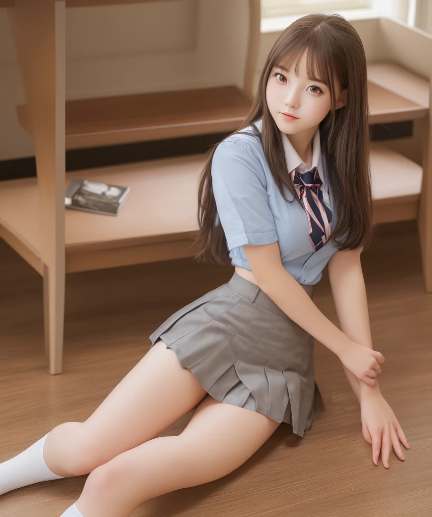 (Best Quality,4K,hight resolution,masutepiece:1.2),NSFW,(((Japanese neat high school girl,school classrooms,lying on a desk, Hands on the desk,White lace panties,Japan school uniform)))、(((perfect anatomia、Beautiful limbs、Perfect physiology)))、((Slimed,flat boobs,A dark-haired)),(tiny chest,beautiful small ass),((up skirt, Clean and stylish)),、((accurate hands without incongruity,Precise feet without discomfort)),warm light,professional photograpy、Super Detailed Face、Detailed lips、A detailed eye、Passionate,Petite, Pill waist , crass room, Looks a little painful,Sunlight