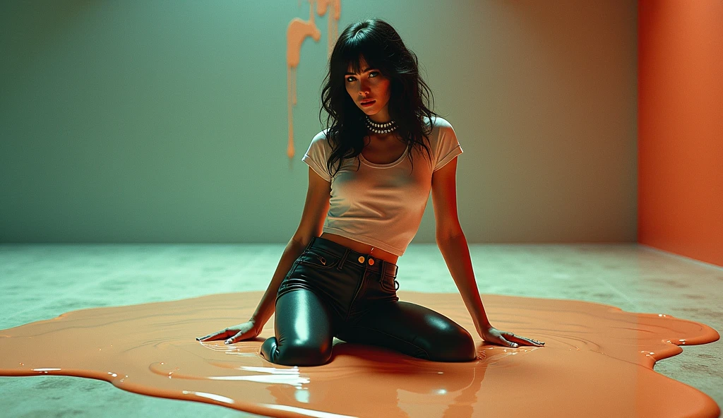 70s setting, grainy analog film, abstract art, stylish legend, artwork, conceptual art, drama, indulges in fetish, rubber black stockings, vintage soaking wet jeans cut-offs, t-shirt, slave collar, stuck in slime, orange blue, black, void