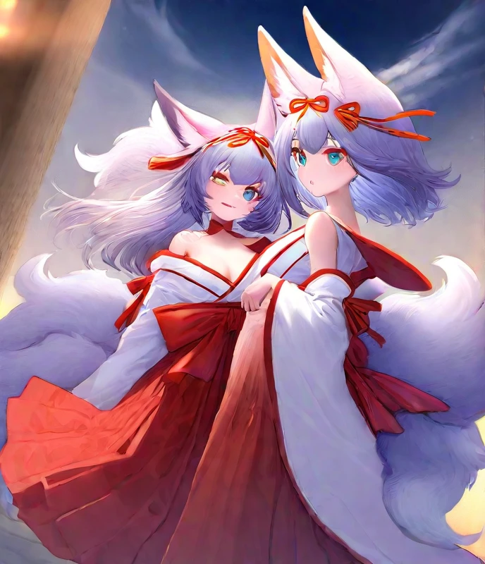 Nine snow-white fox tails (1.0), Milky white fox tail (1.0), Close-up of nine-tailed fox, Nine tails, Nine tails, Anime manga girl，One with purple hair，White dress，There are flowers on the hair, Very beautiful anime fox girl, pink flower rain, The background is blurred,Dignified and elegant,perfect body figure