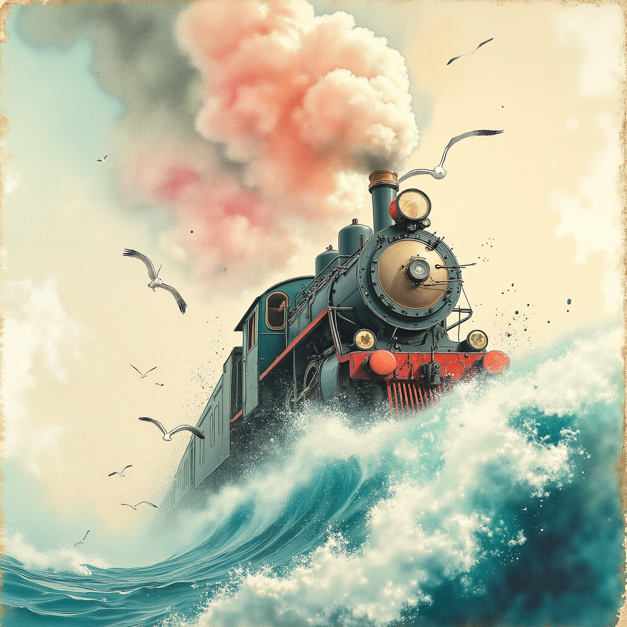 Whimsical watercolor illustration with bold hand-drawn outlines, a steam locomotive bursts through cotton-candy clouds, plummeting toward turquoise waves where its twin glides on aquatic rails. Paint bleeds create ethereal trails, ink splatters morph into seagulls, vintage book texture overlays the scene in sepia nostalgia. Perspective warps dramatically upward, capturing both skybound iron beast and oceanic reflection in one impossible moment.