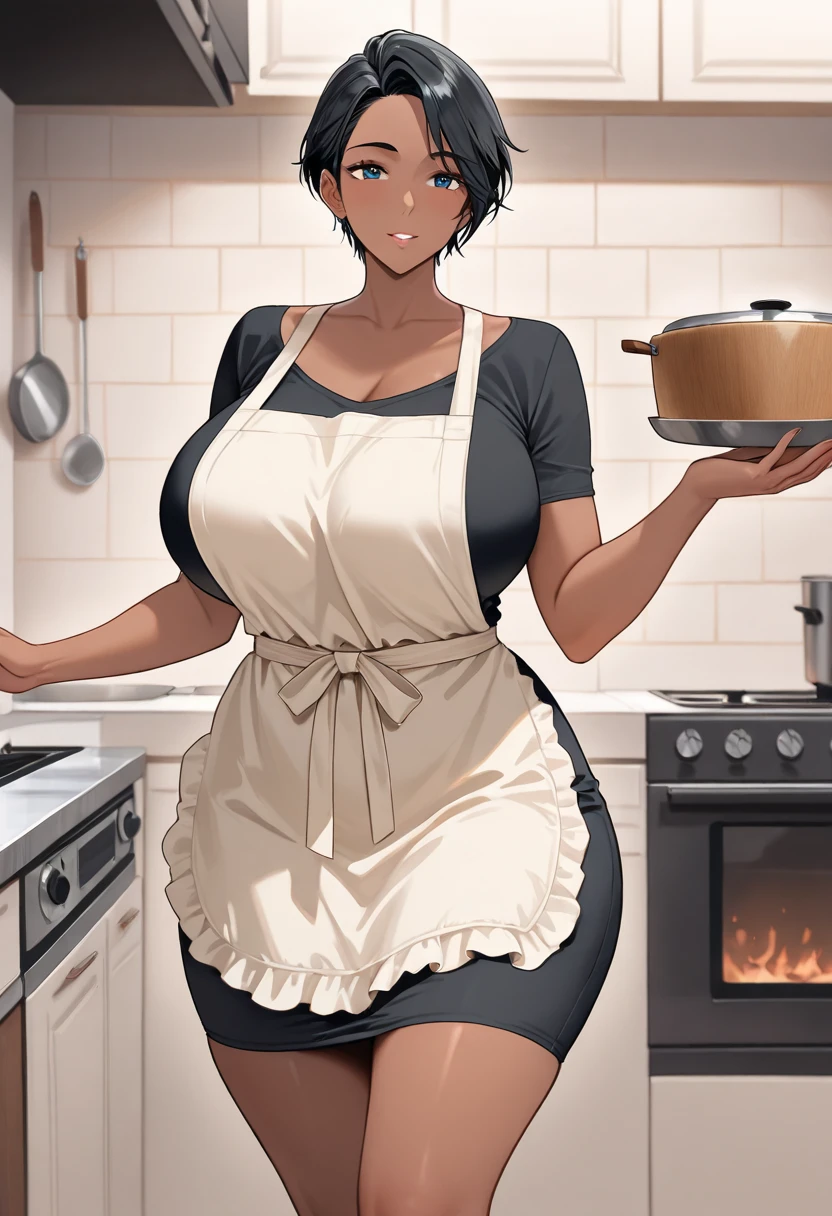 Busty,tomboy look, curvy,tan,short jet black hair,aloof expression,star like eyes,kitchen, currently cooking food, , wearing only a apron, exposed skin,covered ass and breast by apron