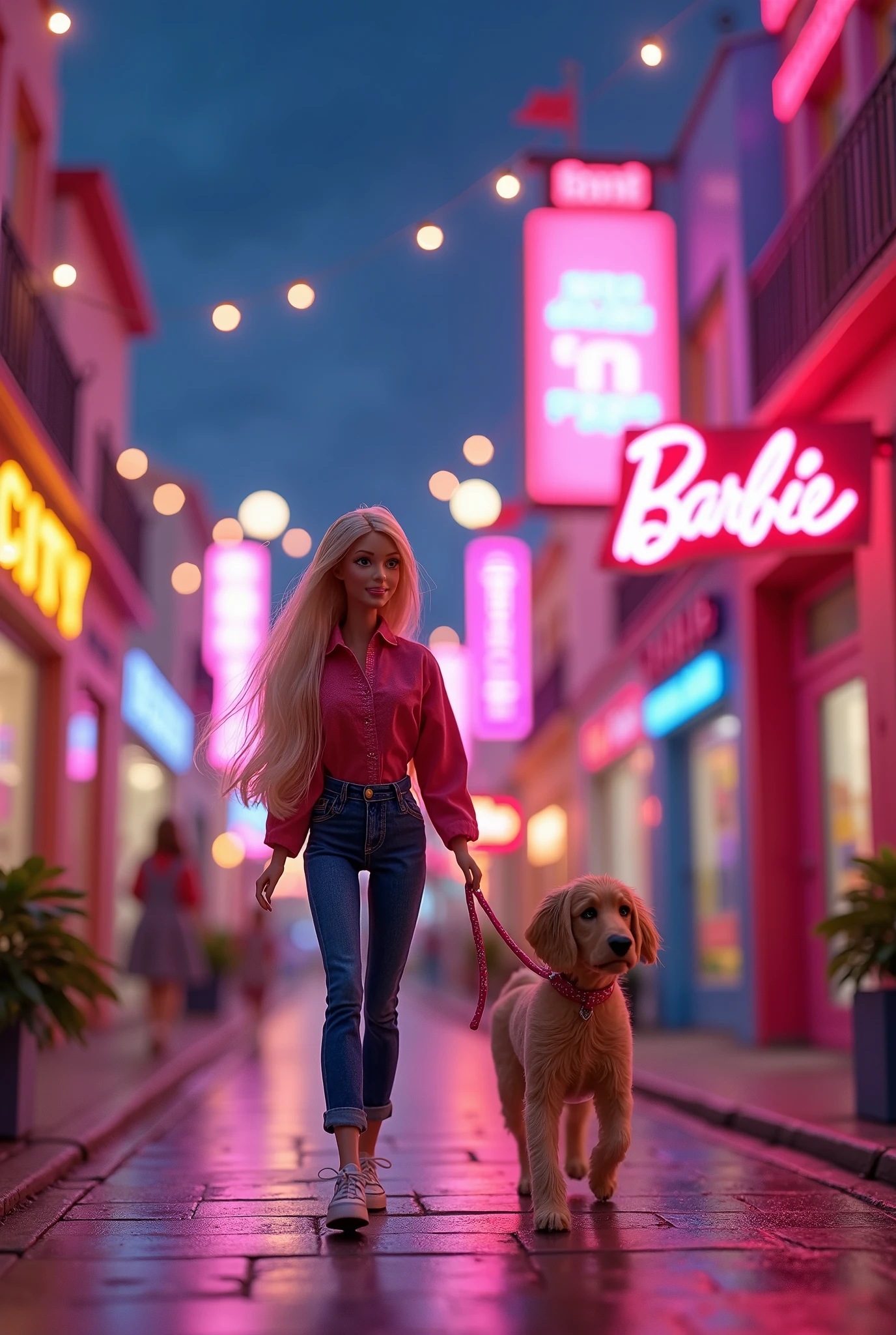 Create a vibrant scene featuring a Barbie doll walking a dog in front of a Barbie house on the streets of Barbie City. The setting should be illuminated with cinematic lighting, enhancing the colorful and playful atmosphere of this iconic world.