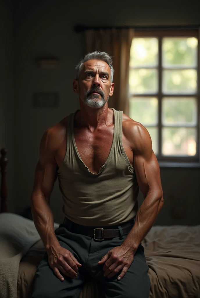 A 65 year old man, shirtless muscular man with big hairy arms, laying down on a bed, wearing black pants