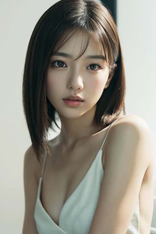 ((Bust up shot:1.6))、One woman、1 photo、((flat and small breasts:1.7))、((sensual look:1.8))、((ID photo:1.4))、((Apply beautiful makeup:1.7))、((A pale cherry-colored lip for moisturized lips:1.5))、((Wear a nightgown:1.5))、((No underwear:1.5))、Natural Shading、((Moist eyes:1.3))、(K-Pop Idols)、Serene and goddess-like beauty、((Slightly parted lips:1.3))、Natural Shading、((((Long Hair:1.5))))、((Brown haired Japanese woman)))、(Yin and Yang Expressions:1.5)、masterpiece, Highest quality, 8k, High-definition image quality, (Upper body:1.4), Beautiful girls, Beautiful face, Looking at the audience, Surreal, High resolution, Sharp focus, High resolution, フェイスLight, Dynamic Lighting, Light, Professional Shadow, Simple Background, (Dull grey background:1.4), Highest detail, Very detailed, Ultra-detailed, In detail, Real Skin, Delicate facial features, Detailed face and eyes, Sharp pupils、live action idol
