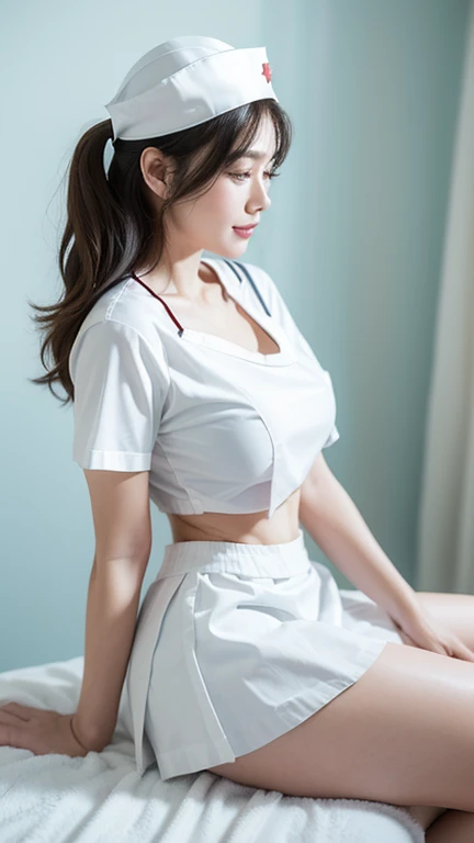 1 female、(super beautiful)、(beautiful face:1.5)、(detailed face:1.5)、(fine eyes:1.4)、(detailed lips:1.4)、(detailed nose:1.4)、nurse、(stand in the operating room:1.2)、(above the knee shot:1.3)、(Lift up your skirt and expose your white panties:1.6)、(barefoot:1.8)、(pink nurse uniform:1.2)、(white guard cap:1.2)、(brown hair)、(Medical equipment)、(At SFW:1.3)