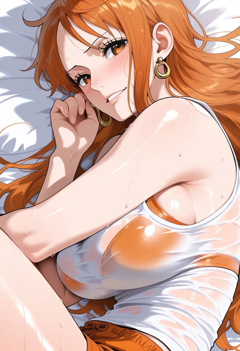 masterpiece, best quality, ultra-detailed, 1girl (namiop, Big and pretty breasts, orange hair, long hair, brown eyes, half-closed eyes, empty eye), blank face, head tilt, parted lips, hypnosis, solo, , see-through nightgown, undress, nipples, navel, pussy, wanostyle, night time, heat after sex, in the bedroom, weakly, standing, wet body(sweat, cum), cumdrip from her pussy, top view