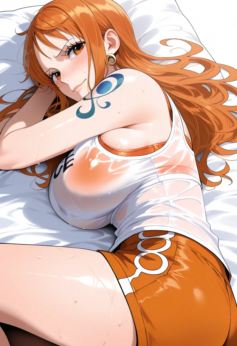 1 girl、High resolution、masterpiece、(alena-dq4、DQ4-ALENA、orange hair)、Are sleeping、Sleeping in bed、Sleeping with drool、lie in bed、pillow、low length、slender、muscular、thin thighs、(((bedroom、Sexual bra with detailed decoration、sexual panties with detailed decorations)))、Photograph her from below