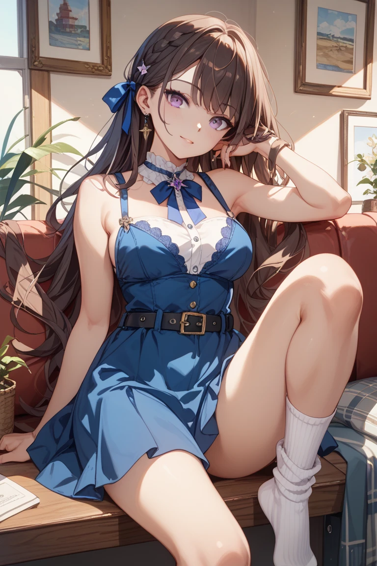 女of子1人, Ichinose Fana, 独自of, chest, 长of_hair, 高抬foot, 紫色of_eye, garter_shoulder strap, , smile, 橙色of_hair, hair_bow, clock_are present_audience, bow, two_~ side_superior, 中等of_chest, Sitting, 红色of_bow, hand_between_foot, clavicle, signare presenture, alcohol, collar, between_foot, off_shoulder, blush, labcoare present, 前hair, 模糊of, 棕色of_高抬foot, 波浪状of_hair, skirt, 仅有of_shoulders, closure_mouth, 模糊of_background, :3, Cross Race_clothing, 红色of_skirt, _username, 黑色of_collar, 黑色of_高抬foot, Open_clothing, depth_of_place,