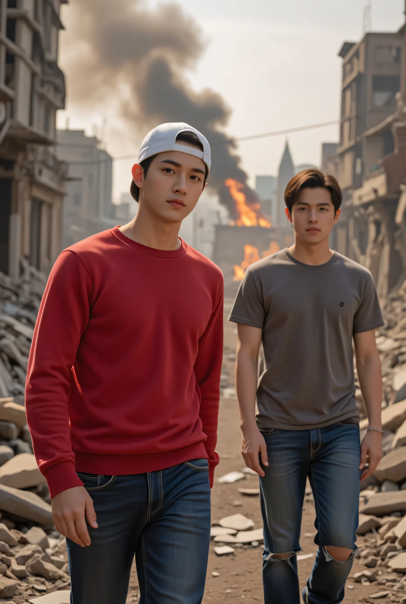 A cinematic UHD photograph of two young men walking through a destroyed city with fire and smoke in the background. On the left, an Indonesian man with an oval-shaped, handsome face, looking forward confidently, wearing a white snapback hat backward, a red sweater, and jeans. On the right, Tom Holland without a mask, wearing a casual gray T-shirt and jeans. The scene is dramatic and action-packed, with crumbling buildings, fire effects, and heavy smoke, captured in 16:9 aspect ratio.