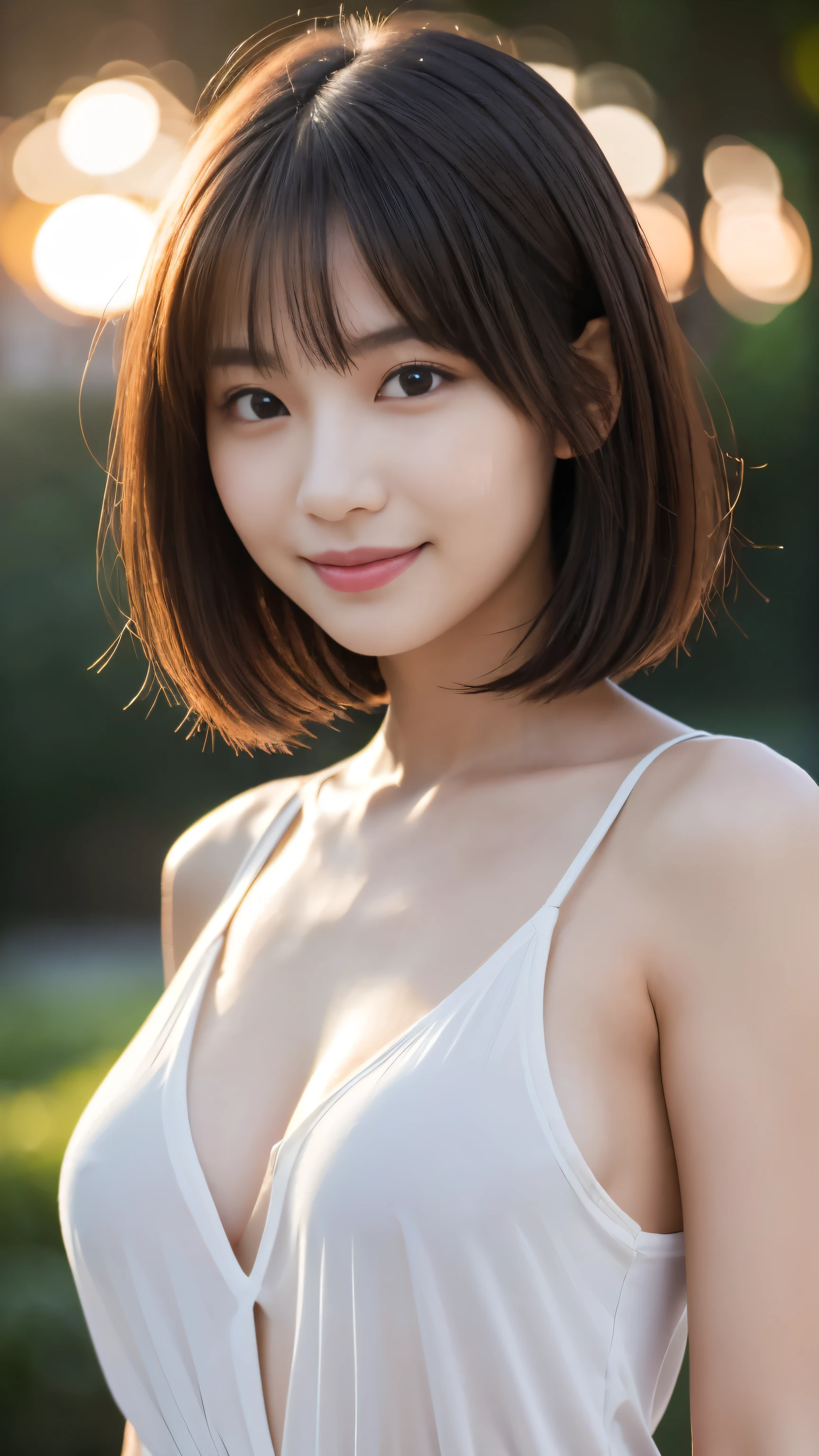 （masterpiece）、(Highest quality:1.5)、(Photorealistic:1.2)、(Surreal), (High resolution), (Realistic), (Post-processing),(Sharp focus), Sharp focus:1.2,Backlight, (Improvement of quality:1.4), Healthy thighs、(Narrow waist)、Big Ass、((Perfectly detailed five-fingered hands)),（Anatomically correct body）、((1 female:1.4))、Japanese、Realistic Skin、（Small chest：1.4）、Bust size is B cup、Pretty woman with perfect figure:1.4,(from the front:1.5), (Enhances the beauty of skin texture:1.1),No makeup、美しいBlack Hair、最高のsmile、Natural color lip、(Small Mouth:1.4)、(Oval Face)、Even bangs、Hide eyebrows with bangs、((29-year-old woman))、Bob Hair、Hair blowing in the wind, (Black Hair, Iris, Watery eyes, Shining Eyes, Bob cut hair, Small earrings,), Hair behind the ear、No makeup、(Drooping eyes)、Drooping eye corners、Photos taken by a professional photographer，1 girl, かわいいsmile,whole body、(((One lovely woman)),((優しい大きなsmile)),(( Small breasts,Small breastsの谷間)),((((Plump Cheeks)))),((whole body：1.５)),(((((Photorealistic:1.4))),((((whole body写真))),(The body is slim)),((Lens flare),(Narrow waist)),Standing Random Pose, smile, Natural Breasts, Perfect lighting, (Mysterious), Clear and detailed,(tropical beach background)、(Dynamic Stylish Pose 1.2)、(With cleavage 1.2)、(thin legs 1.2)、(delicate, Plump and moisturized lips)、((A woman wearing a white short-sleeved shirt:1.4))、((A woman wearing a denim miniskirt that accentuates her thighs.:1.4))、((smile:1.4)、