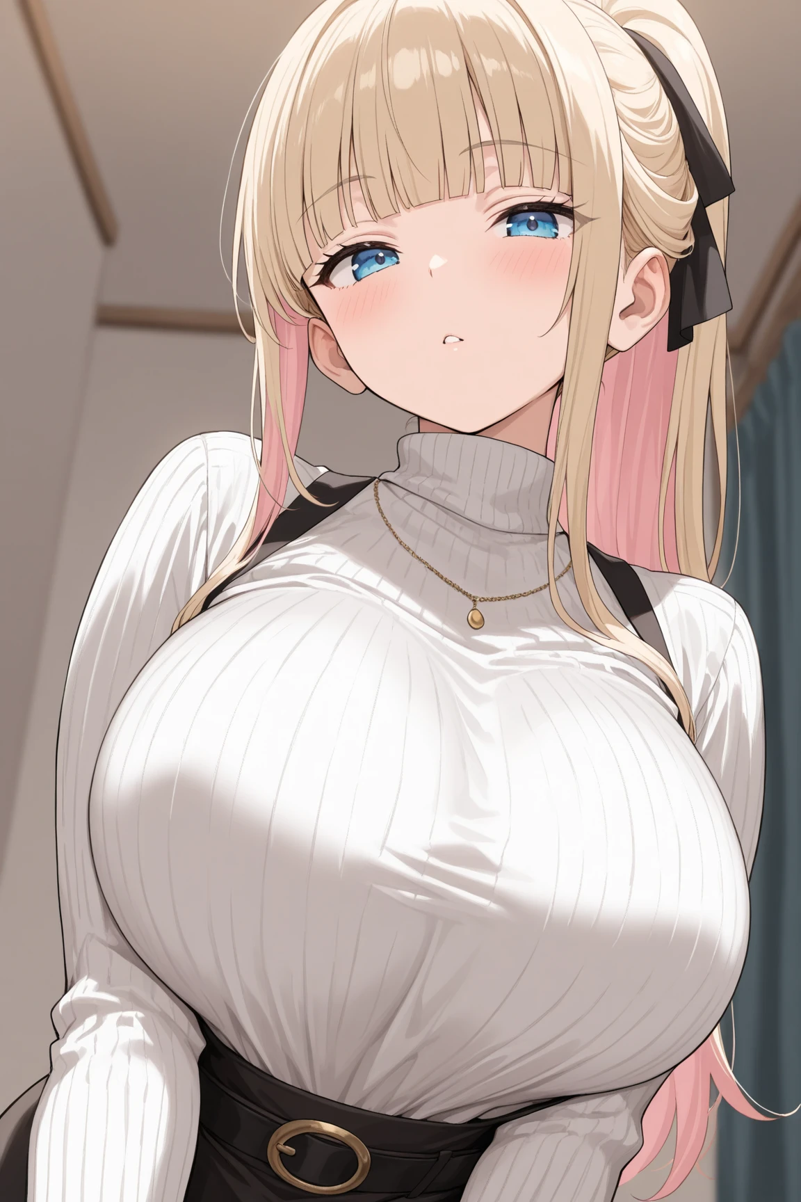 /(modern house indoors/), 1lady solo, mature female, /(White ribbed sweater dress/), bangs, blush kind smile, (masterpiece best quality:1.2) delicate illustration ultra-detailed, large breast、((sweat,steam,Vulgarity))、In front of the entrance door、Visit、(full shot)),