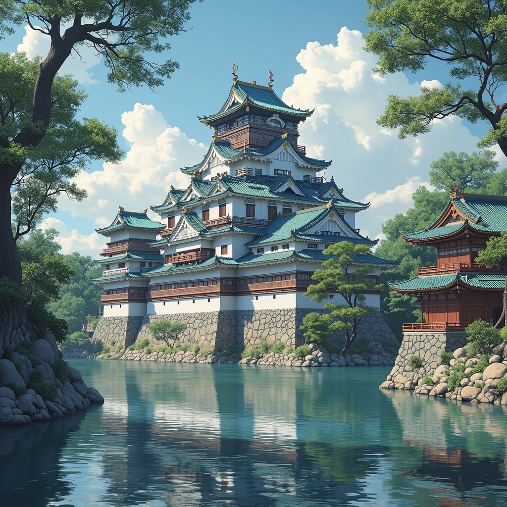 8K,k hd，CG,Complex textures，Complex scenes，Large depth of field，bird's eyes view，Complex light，The rising sun，Chinese farmhouses，Morning mist，uni，lakes，（the motorcycle），tenten，A man is fishing