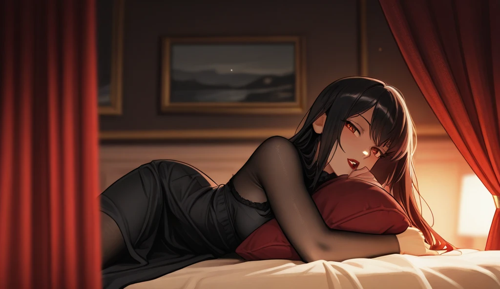 Red and black and gold anime woman laying in bed