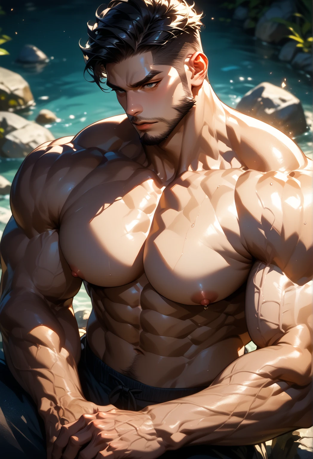 Man in dark black standing by the sunny sea, muscular man, American round inch, Buzz cut, muscular! Wearing black sunglasses, round head Buzz Cut, stealth suit, symmetrical pattern texture design, best picture quality and resolution, character design special forces, black military boots, attractive strong man, weaving sunlight shining through the clouds, Li Xiaoxiao