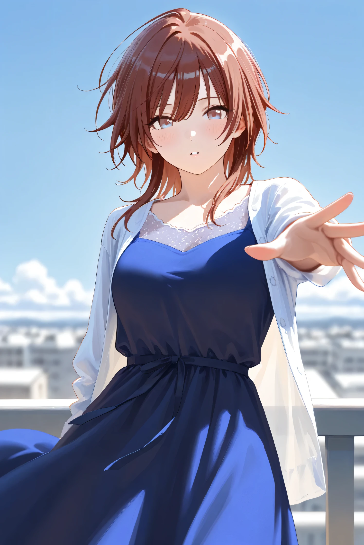(Masterpiece), (Highest quality), (Very detailed),
(The best shape), (Best Shadow), (Absurd),
(Detailed background), (So beautiful), Shiny ,
Extraordinary, Countershading, 8k, 32K, High resolution, Beautiful eyes in every detail,
Very Detailed CG, UHD,
Score_9, Score_8_up, Score_7_up, Source_anime,
(Pastel painting:1.2), (Watercolor painting:1.2),
(Masterpiece, Detailed:1.2), (Foreshortening:1.2),
Cinematic, Dramatic, (Depth of field:1.4),
(Blurry background:1.4), (Realistic background:1.4),
(Foreshortening:1.3),Dynamic angle, 1 girl,
Outdoor, rooftop, blue sky, cloud, wind,
aketa mikoto,
The idolmaster shiny colors,
m_aketa,
brown eyes, blue eyes, multicolored eyes,
(Casual wear:1.3),
casual dress, (indigo dress:1.1), long dress,
shirt, open shirt, long sleeves shirt,
Cowboy shot, Focus on face, close up shot,
(Blush:1.3), parted lips,
Realistic skin, Shiny skin,