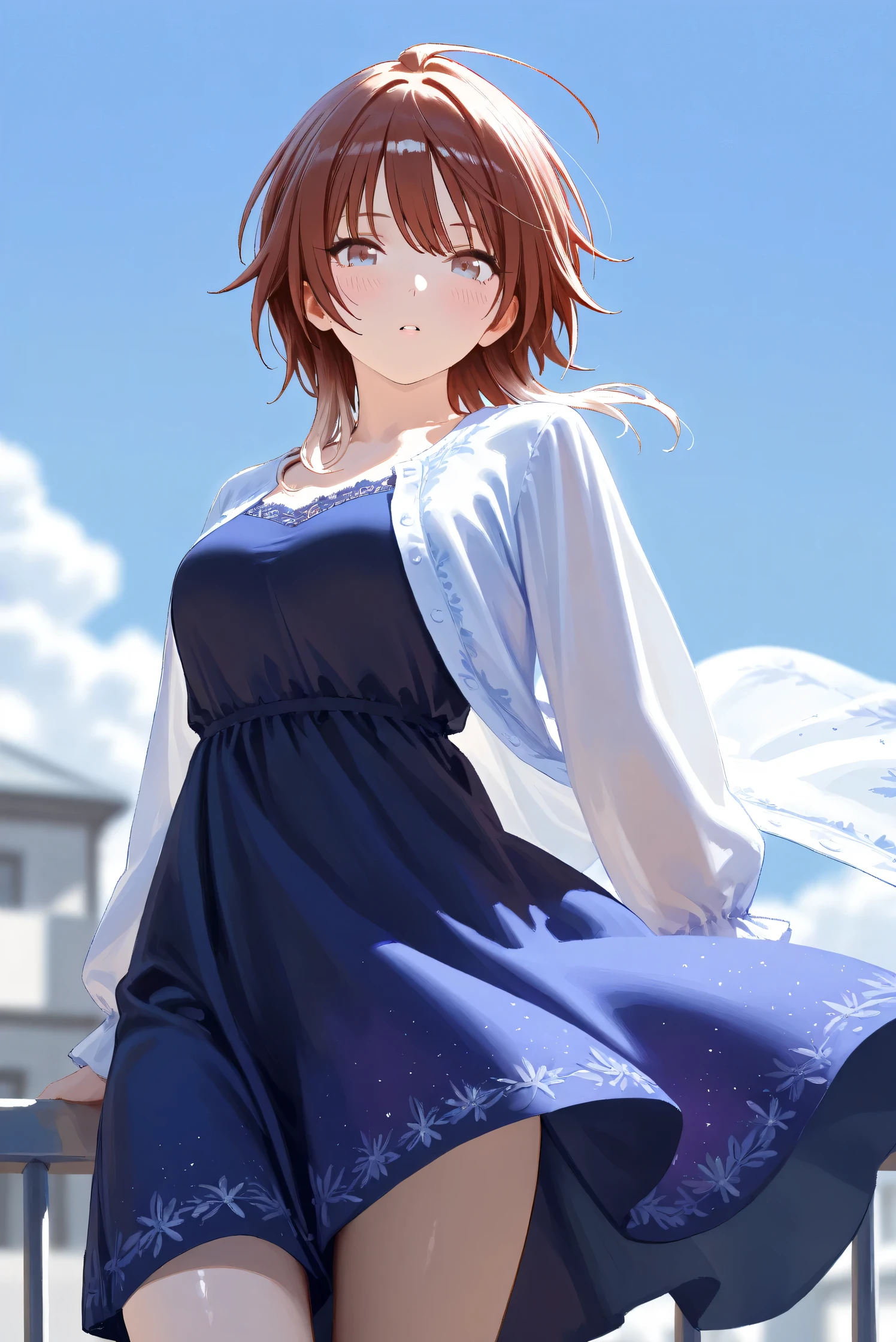 (Masterpiece), (Highest quality), (Very detailed), 
(The best shape), (Best Shadow), (Absurd), 
(Detailed background), (So beautiful), Shiny , 
Extraordinary, Countershading, 8k, 32K, High resolution, Beautiful eyes in every detail,
Very Detailed CG, UHD,

Score_9, Score_8_up, Score_7_up, Source_anime, 
(Pastel painting:1.2), (Watercolor painting:1.2),
(Masterpiece, Detailed:1.2), (Foreshortening:1.2),

Cinematic, Dramatic, (Depth of field:1.4),
(Blurry background:1.4), (Realistic background:1.4),
(Foreshortening:1.3),Dynamic angle, 1 girl,
Outdoor, rooftop, blue sky, cloud, wind,

aketa mikoto,
The idolmaster shiny colors,
m_aketa, 
brown eyes, blue eyes, multicolored eyes,

(Casual wear:1.3),
casual dress, (indigo dress:1.1), long dress,
shirt, open shirt, long sleeves shirt,

Cowboy shot, Focus on face, close up shot,
(Blush:1.3), parted lips,
Realistic skin, Shiny skin,