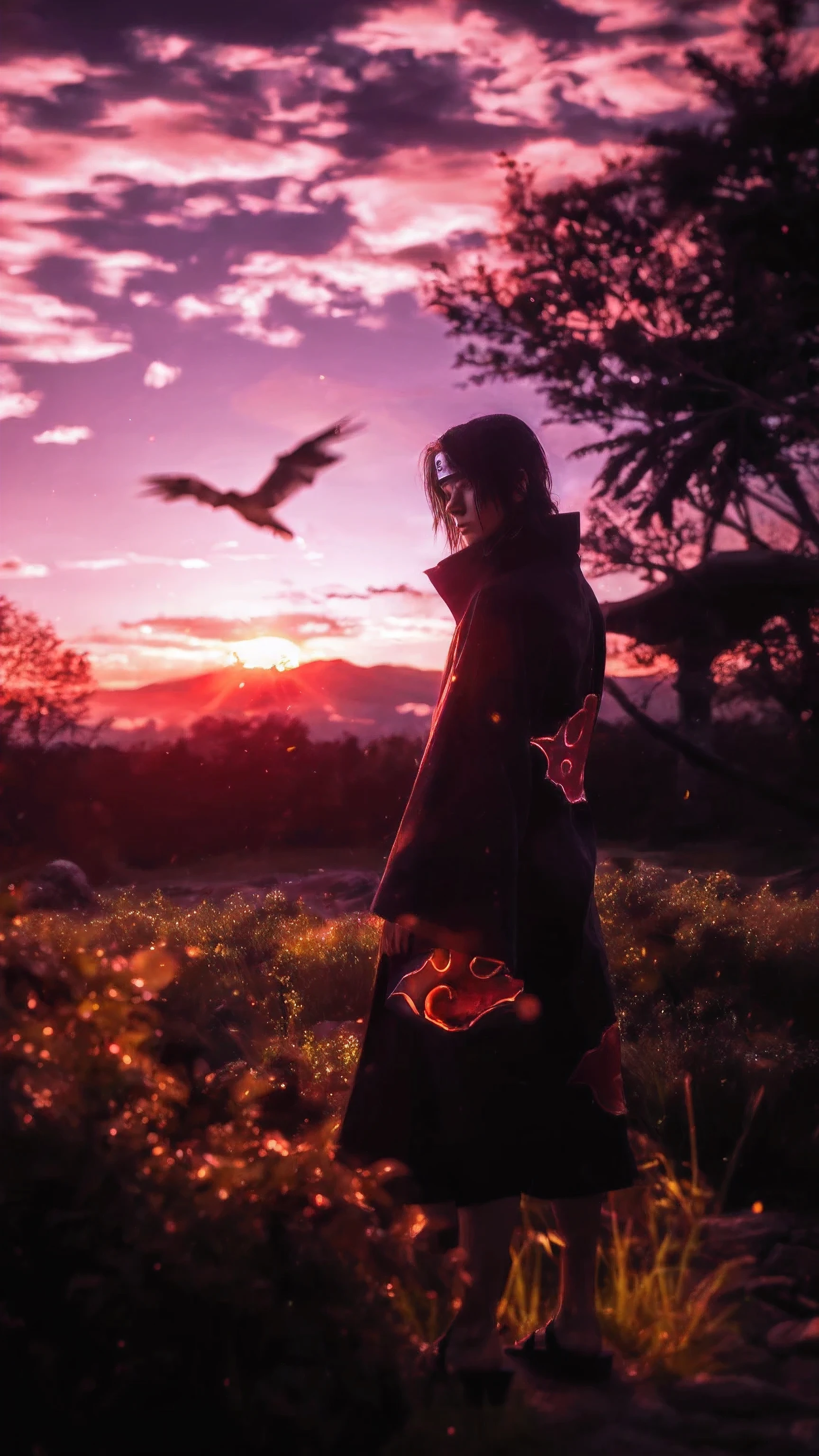 score_9, score_8_up, score_7_up, source_anime, detailed, wallpaper, beautiful details, itachi, itachi uchiha from naruto, 1boy, asian, young, male focus,ultra realistic, cinematic lighting, dramatic sunset sky in the background, headband, glowing clouds with warm pink and orange tones, wind blowing the coat dynamically, red and black cloak with akatsuki cloud symbol, cloak disintegrating into glowing ashes and embers, particles floating in the air, intense atmosphere, realistic sand ground with glowing ember-like texture, detailed skin texture on legs and feet, black shinobi sandals, sharp shadow cast on the glowing ground, long dark brown hair moving with the wind, face partially covered by high collar, realistic lighting on fabric folds and clothing edges, camera angle from below to emphasize the subject, magical dissolving effect around cloak edges, golden sunlight hitting from the side, long hair
