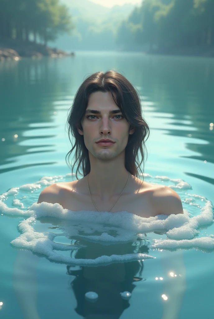 Libido boy，Black hair，Lie in a pool in the palace，Misty opened his eyes