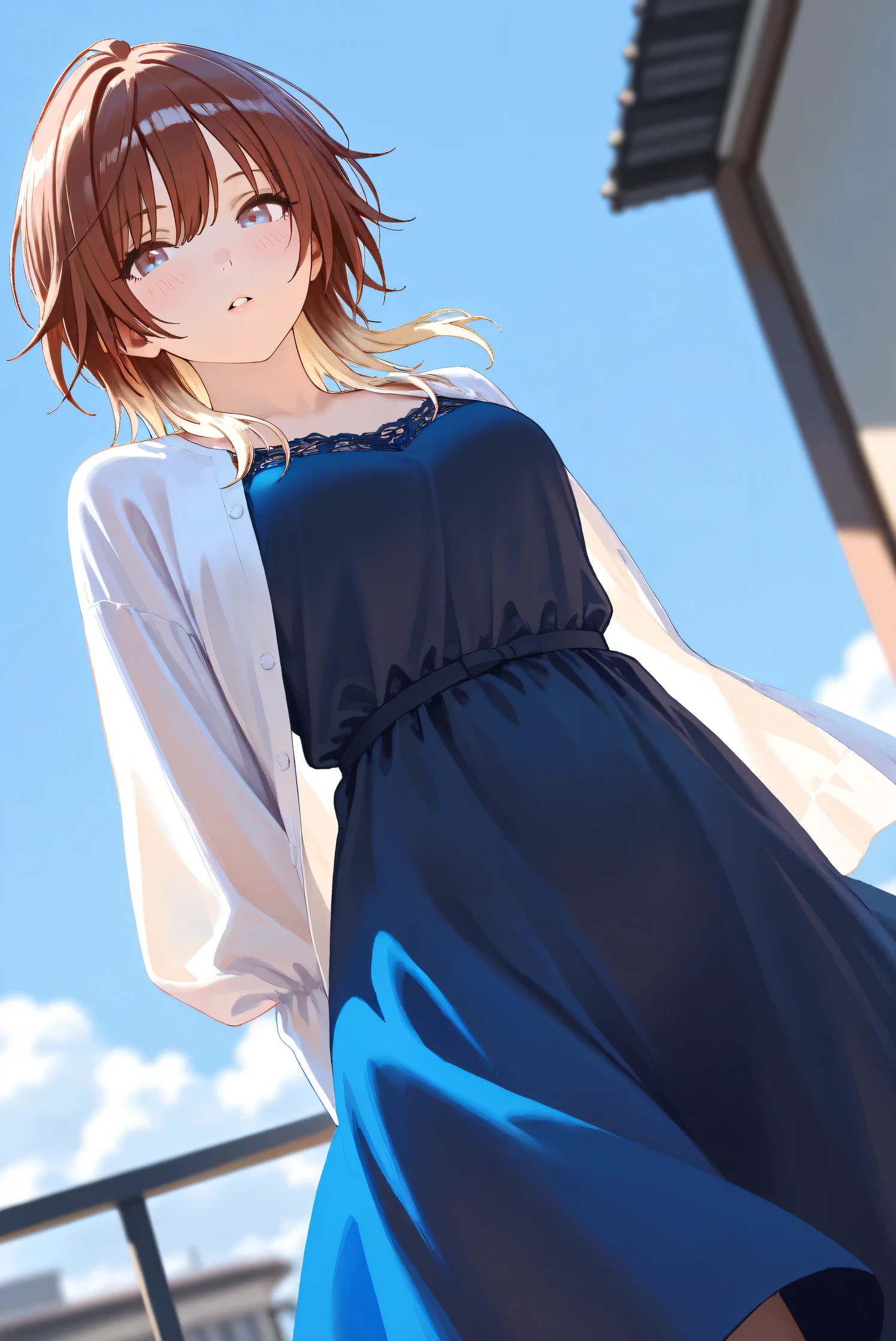(Masterpiece), (Highest quality), (Very detailed),
(The best shape), (Best Shadow), (Absurd),
(Detailed background), (So beautiful), Shiny ,
Extraordinary, Countershading, 8k, 32K, High resolution, Beautiful eyes in every detail,
Very Detailed CG, UHD,
Score_9, Score_8_up, Score_7_up, Source_anime,
(Pastel painting:1.2), (Watercolor painting:1.2),
(Masterpiece, Detailed:1.2), (Foreshortening:1.2),
Cinematic, Dramatic, (Depth of field:1.4),
(Blurry background:1.4), (Realistic background:1.4),
(Foreshortening:1.3),Dynamic angle, 1 girl,
Outdoor, rooftop, blue sky, cloud, wind,
from below,
aketa mikoto,
The idolmaster shiny colors,
m_aketa,
brown hair, medium hair, blonde hair, multicolored hair,
brown eyes, blue eyes, multicolored eyes,
(Casual wear:1.3),
(indigo dress:1.1), casual dress, long dress,
shirt, open shirt, long sleeves shirt,
portrait, Focus on face, close up shot,
(Blush:1.3), parted lips,
arms behind back,
Realistic skin, Shiny skin,