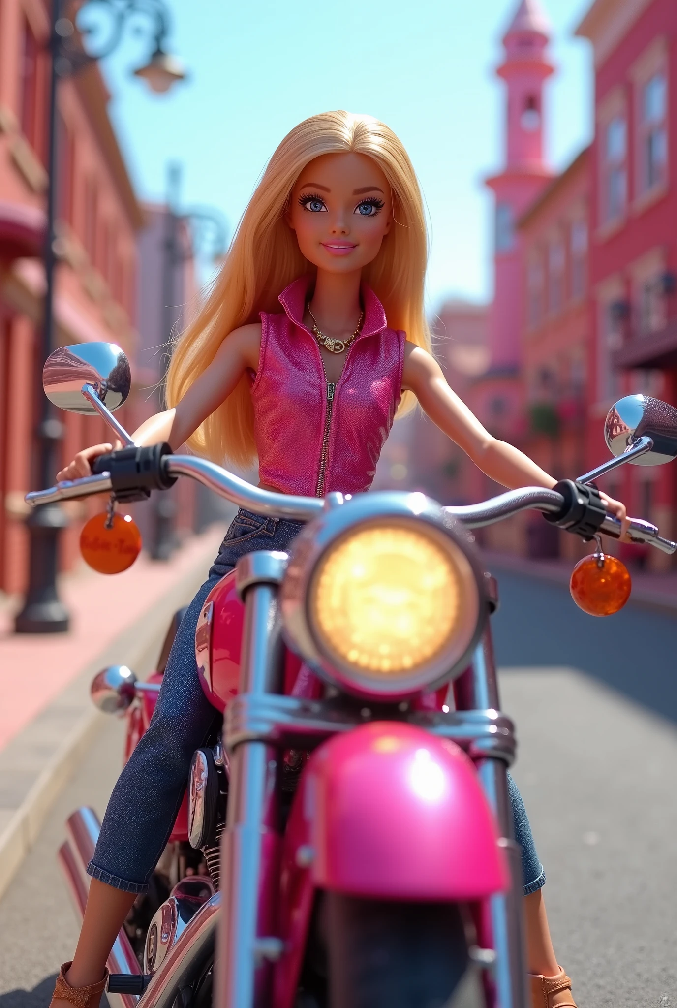 Create a vibrant scene featuring a Barbie doll in a picturesque setting. The focus is on Barbie riding a Barbie-Davidson motorcycle. In the background, showcase the streets of Barbie City with the iconic Barbie House. The lighting should be cinematic, enhancing the playful and glamorous atmosphere of this colorful world.