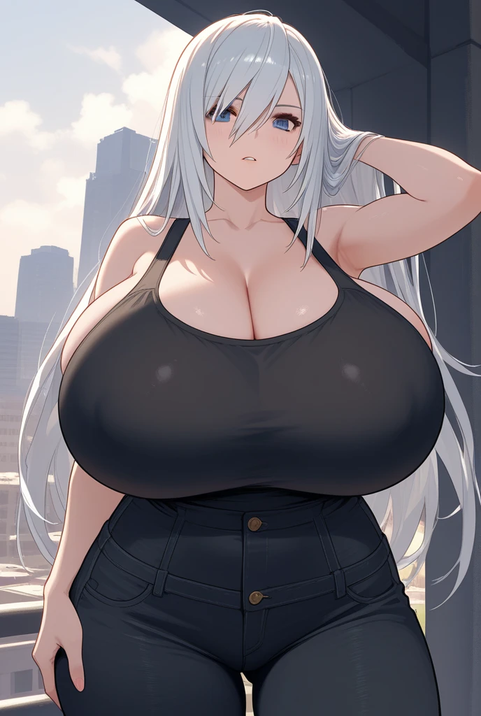 SFW, (tank top, keyhole cleavage), (gigantic breasts, huge breasts, Big breast), arms behind back, firm breasts, slim waist, curvy figure, (white_hair, red_eyes), very long ponytail
