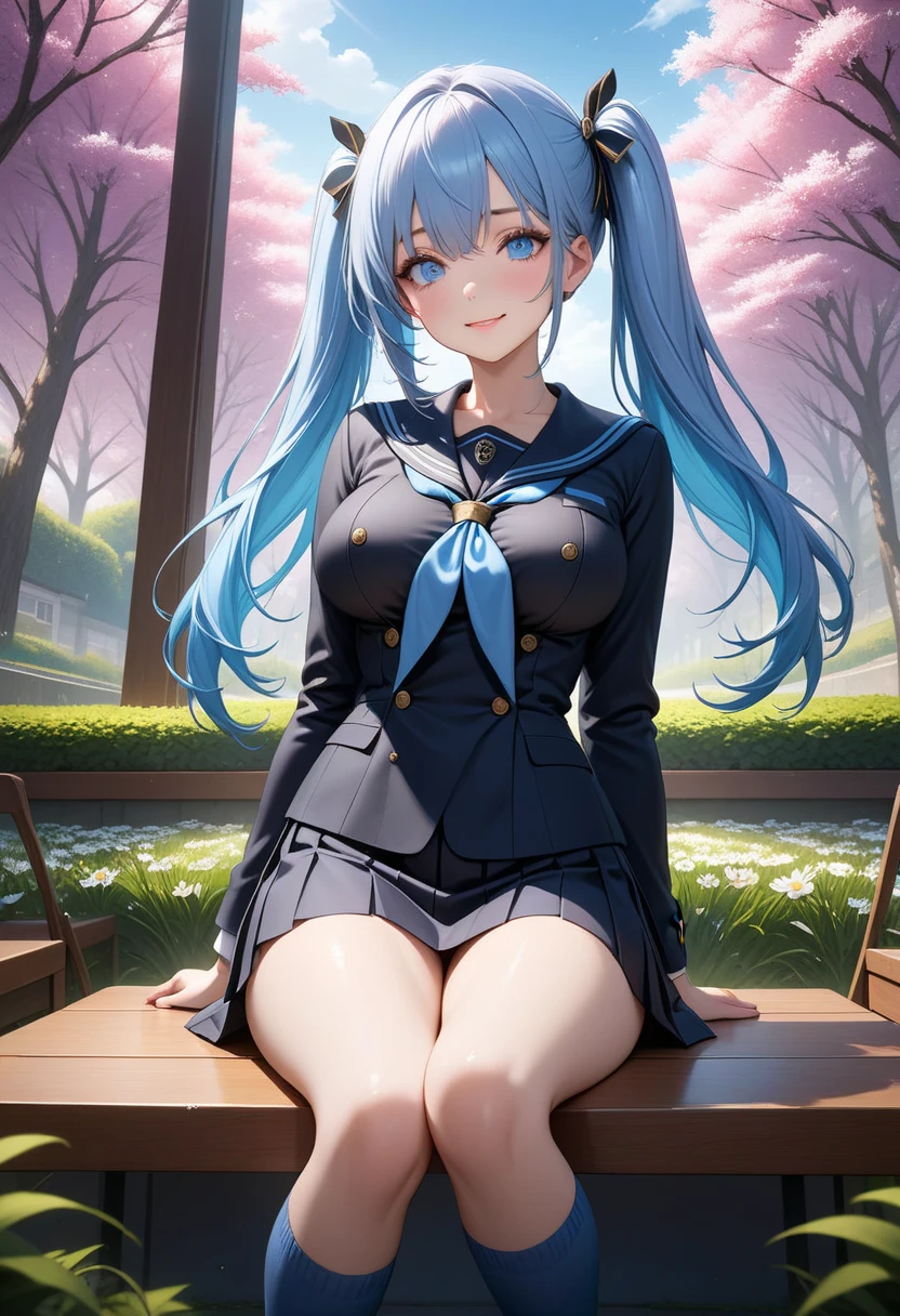 a beautiful girl with long blue hair, pink eyes, and a happy smile sitting on a bench in a park, looking at the camera and crossing her legs, (best quality,4k,8k,highres,masterpiece:1.2),ultra-detailed,(realistic,photorealistic,photo-realistic:1.37),detailed eyes,detailed lips,extremely detailed face,long eyelashes,big bust,big butt,park scene,bench,outdoor landscape,natural lighting,vibrant colors,soft focus