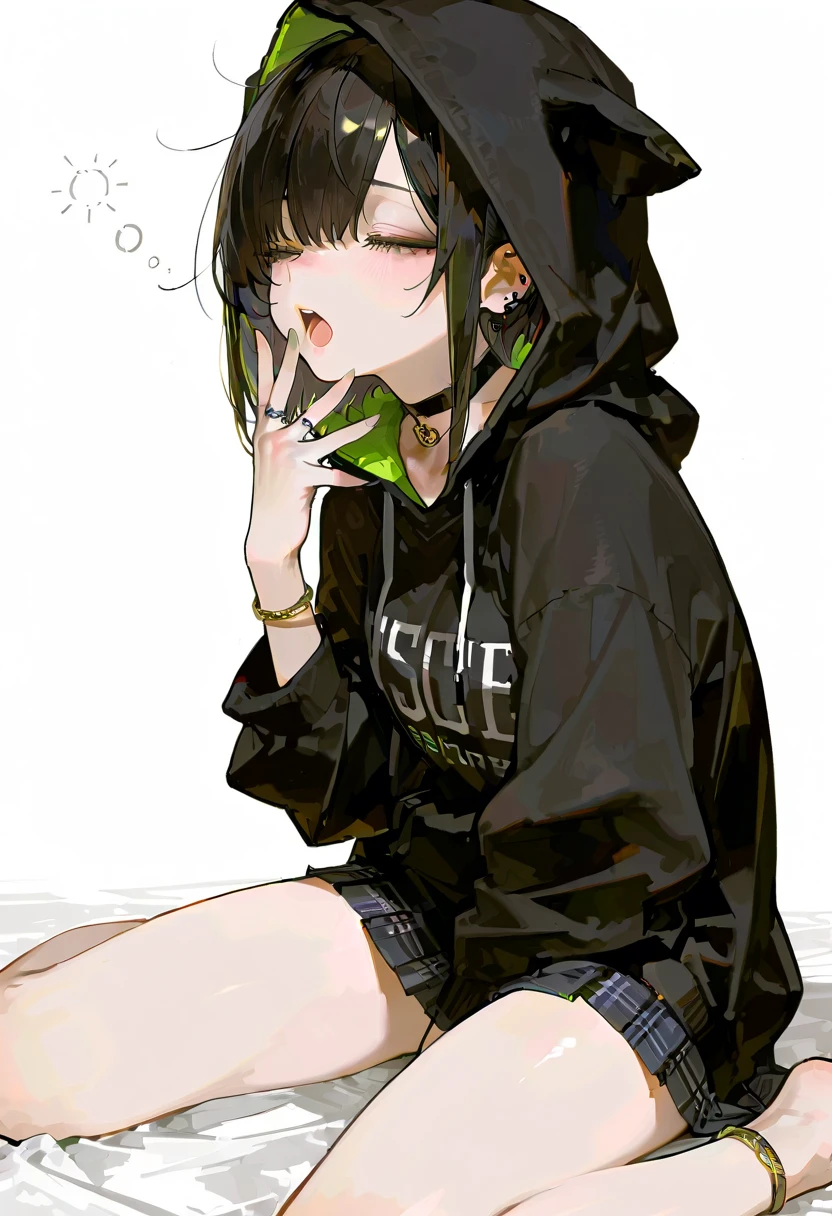 (high quality, 8k, 4K, High Contrast, masterpiece:1.2, 最high quality, Best aesthetics),high angle shot, ((1 female)),((Crouching:1.5)), ((Background in a dark room:1.3)), ((Holding a lit cigarette:1.4)) ((Flat Color)),High Contrast, Contrasting colors, , Pale pink and blue lighting, (Blackベースボールキャップ:1.1), BlackTshirt,Denim shorts,(White loose socks),Green sneakers, Looking at the audience, (Cool look), Sleepy eyes, ((Short Hair)) , (Tied Hair), Black髪, Red eyes, Small star-shaped earrings in both ears, bright eyeshadow, Mature face,watch on right wrist,necklace,The cleavage is visible