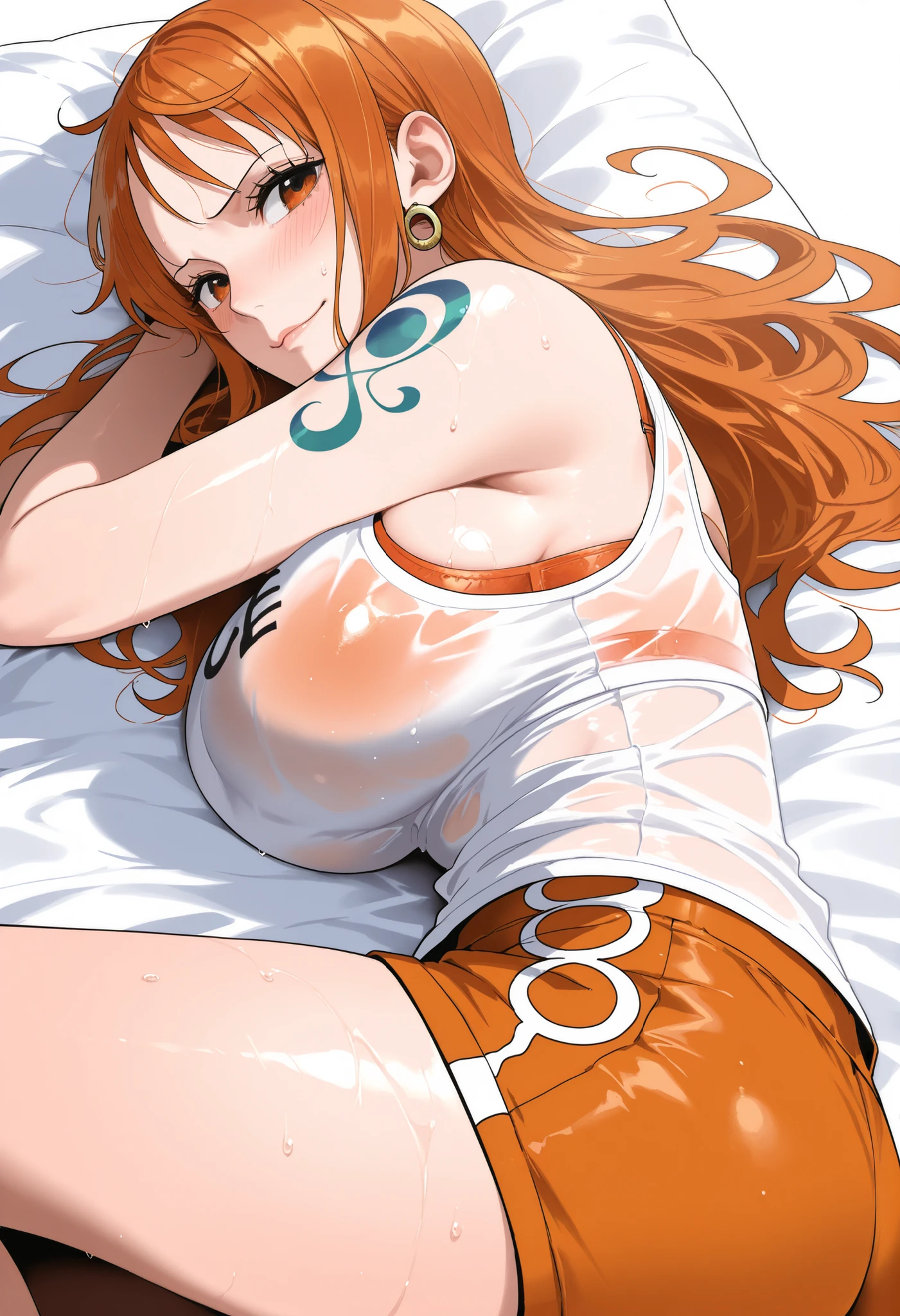 masterpiece, best quality, amazing quality, 1girl, (Nami, One Piece, orange eyes, orange hair), wearing white tank top, wearing orange bra, shy Face, close up shot, simple background, medium size , golden ratio face, sexy pose, Pinkish skin tone, smooth and soft skin, shiny skin, lying, lying down, top view, side view, showing, (nsfw:1.2), wet body, wearing orange shorts