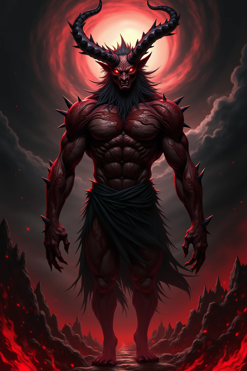 a humanlike monster/demon with horns, fangs, claws, black and red spines; 
his eyes are red but the sclera is black; fantasy art style