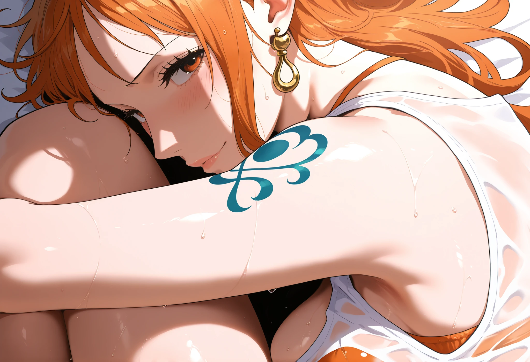 masterpiece, best quality, amazing quality, 1girl, (Nami, One Piece, orange eyes, orange hair), wearing white tank top, wearing orange bra, shy Face, close up shot, simple background, medium size , golden ratio face, sexy pose, Pinkish skin tone, smooth and soft skin, shiny skin, lying, lying down, top view, side view, showing, (nsfw:1.2), wet body, wearing orange shorts
