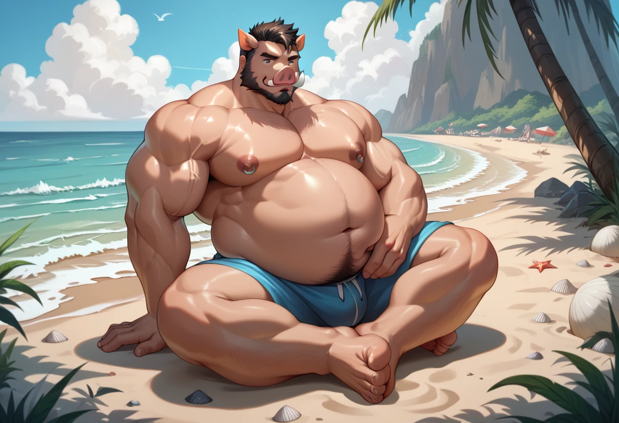 40 years old white Male, tall, giant body, handsome, dad bod, beefy, strong arms and legs, wide shoulders, a bit chubby muscle gut, a bit of fat but still very muscular, extremely hairy, a lot of body hair, short beard, naked, (huge oversized cock), (giantic heavy hairy coconut-sized balls), trival accesories, waterfall, body painting