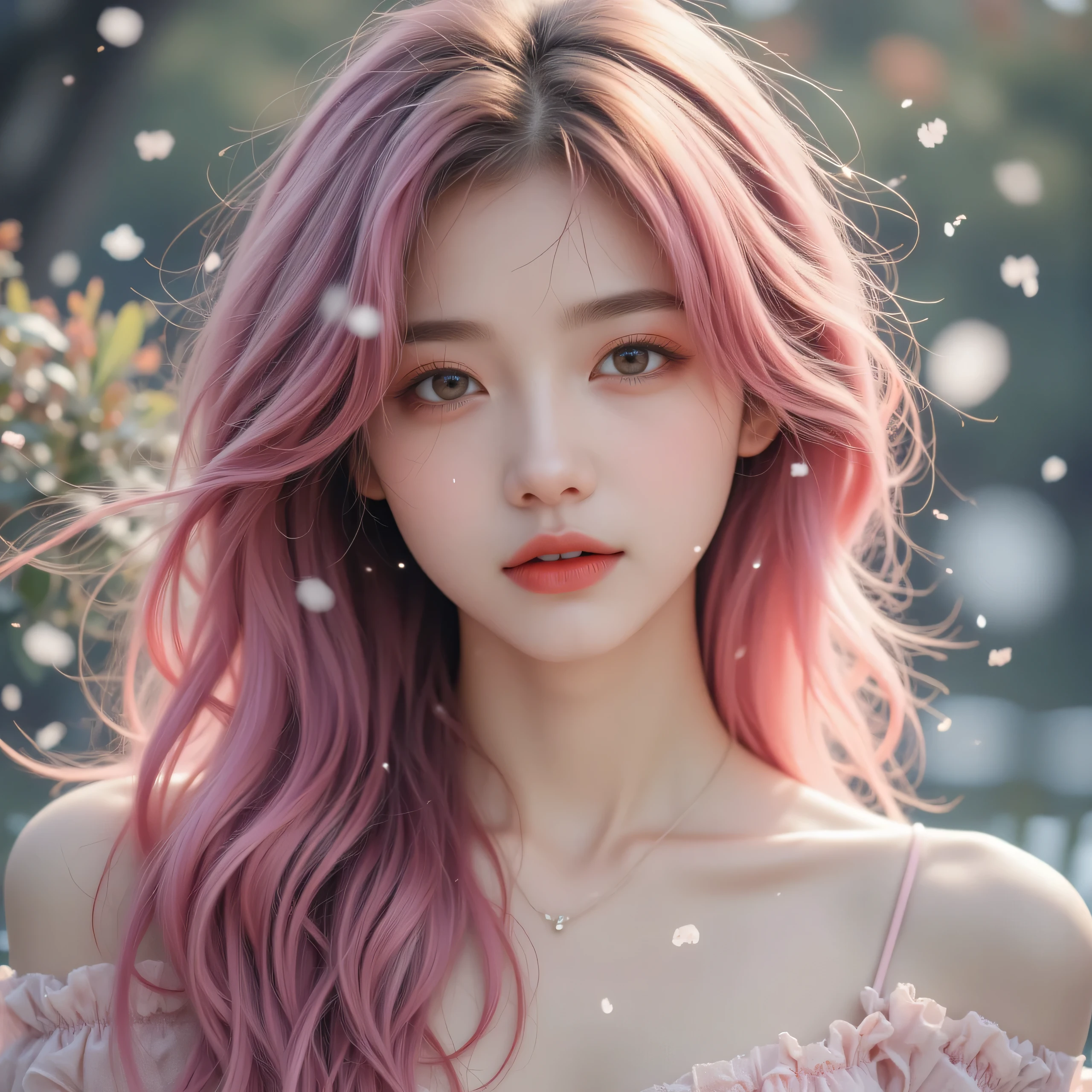 A pink-haired sister，Long hair with big waves， Ultra HD picture quality ，Realism，nature， upper body close-up，Beautiful face， Korean girl group ，Light makeup