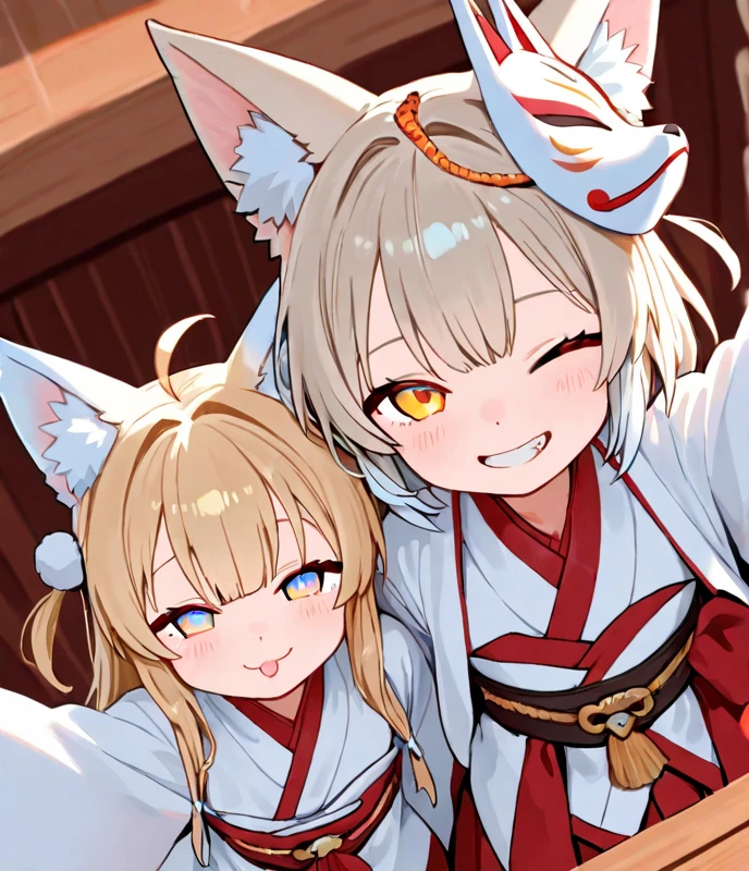 Masterpiece, Top Quality, Very Detailed, ((Top Quality)), ((Masterpiece)), (Details), Young Girl、、Fox ears、Blonde、Curly Hair、Long Hair、Voluminous Hair、Shrine maiden、Glasses、Short、Hair that reaches the ground、Big nipples、g on your back、smile、3人のYoung Girl、grin、