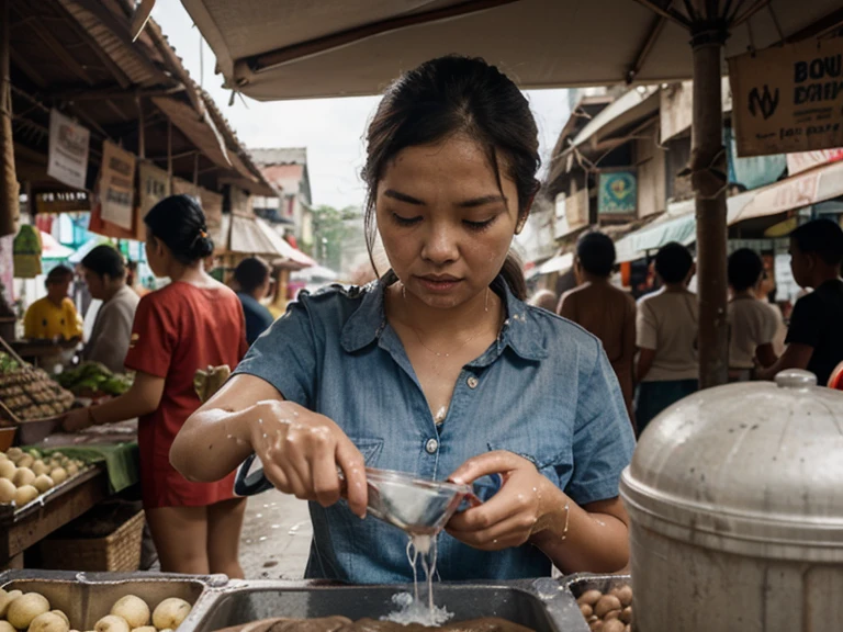wet market，Pork stalls，rugged asian girl, raising hand showing armpit, topless, wet messy hair, sweaty face, shiny skin, hot and steamy, ((dirty)) armpit