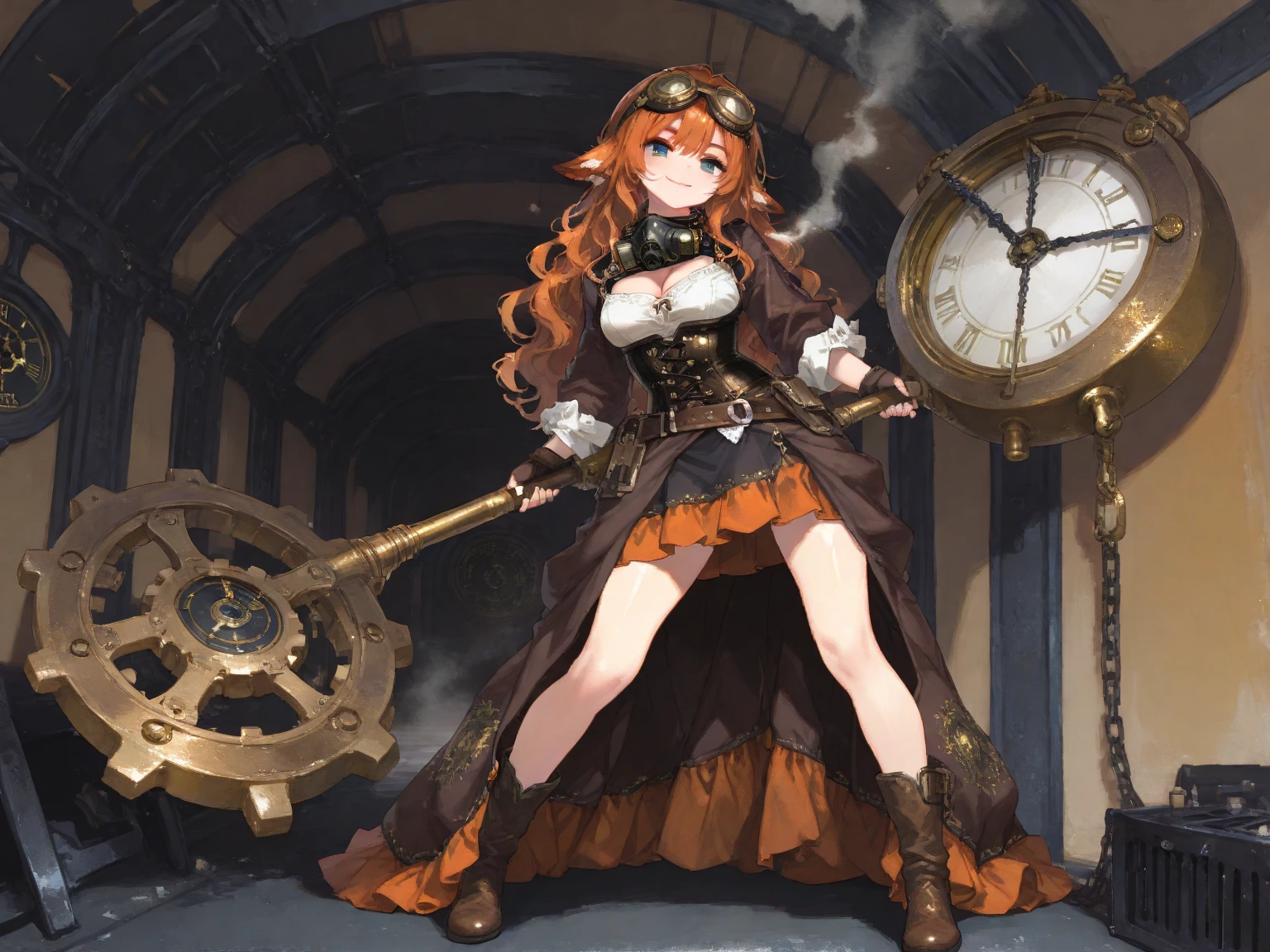 pixel art:1.35, fantasy artwok:1.2, sfw:1.3, (full body, standing, , smile close mouth), 1girl, wavy Hair:1.2, longeyelashes, fluffy long eyebrows:1.2, Thighs:0.8, Cleavage, (steam punk dress:1.2, (Holding, huge Clock weapon:1.3), wearing a leather corset, belt, pouches, goggles, fingerless gloves, and a gas mask around her neck),  BREAK, (Skirt hem, Flared Skirt:1.1, fluttering, shin), BREAK, BREAK, ((masterpiece, best quality, amazing quality, hyper-detailed)), (absurd, very aesthetic:1.2), (hyper-detailed background, lighting), dynamic pose:1.3, from front, (back ground, gear room:1.2, gear:1.3, gold)