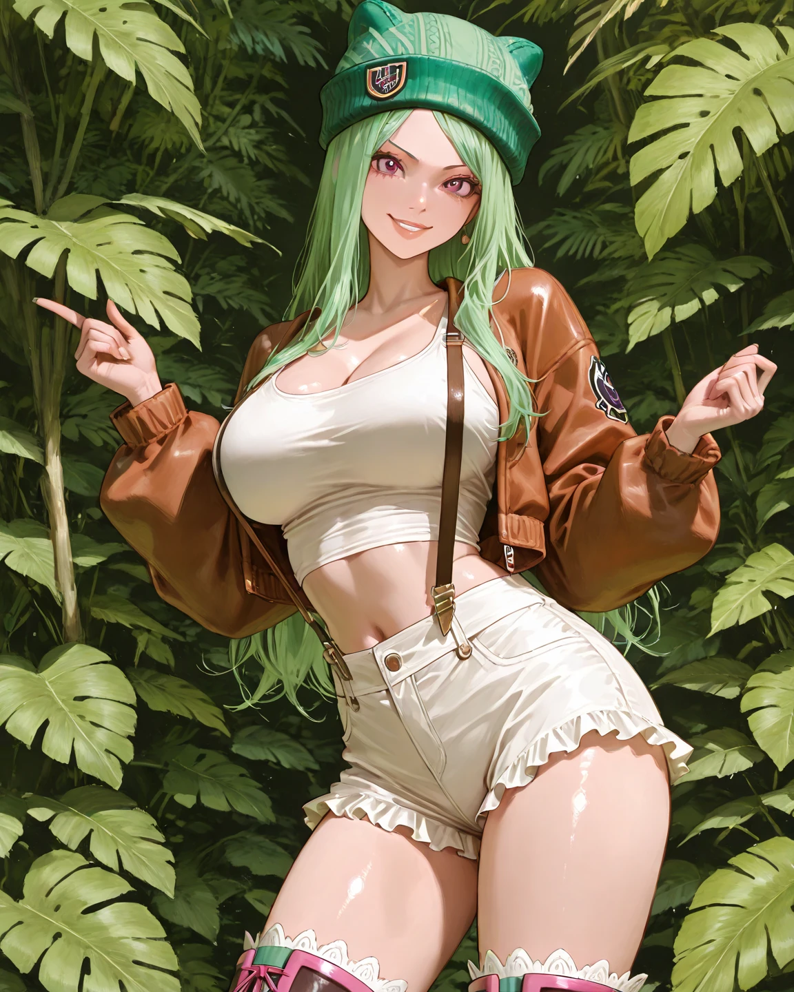 (La Highest quality,High resolution,Super detailed,Actual),Ariana Grande,((One girl)), Sailor Neptune,Dark green hair, Medium Hair, Earrings,gem, Big Breasts, Dynamic posture, 超High resolution,La Highest quality:1.4, Realistic:1.4, Skin Texture:1.4, masterpiece:1.8,masterpiece, Highest quality,object, (Detailed facial features:1.3),(Fine hand), Forehead choker,  Green Hair,(Sailor Neptune:1.4),,(Hand Detail:1.4 ),,( Beautiful green eyes ), ((Dark green panties:1.5)), (((Showing nipples:1.5))), Are standing, night景, night, Aurora, ((Neptune:1.3))