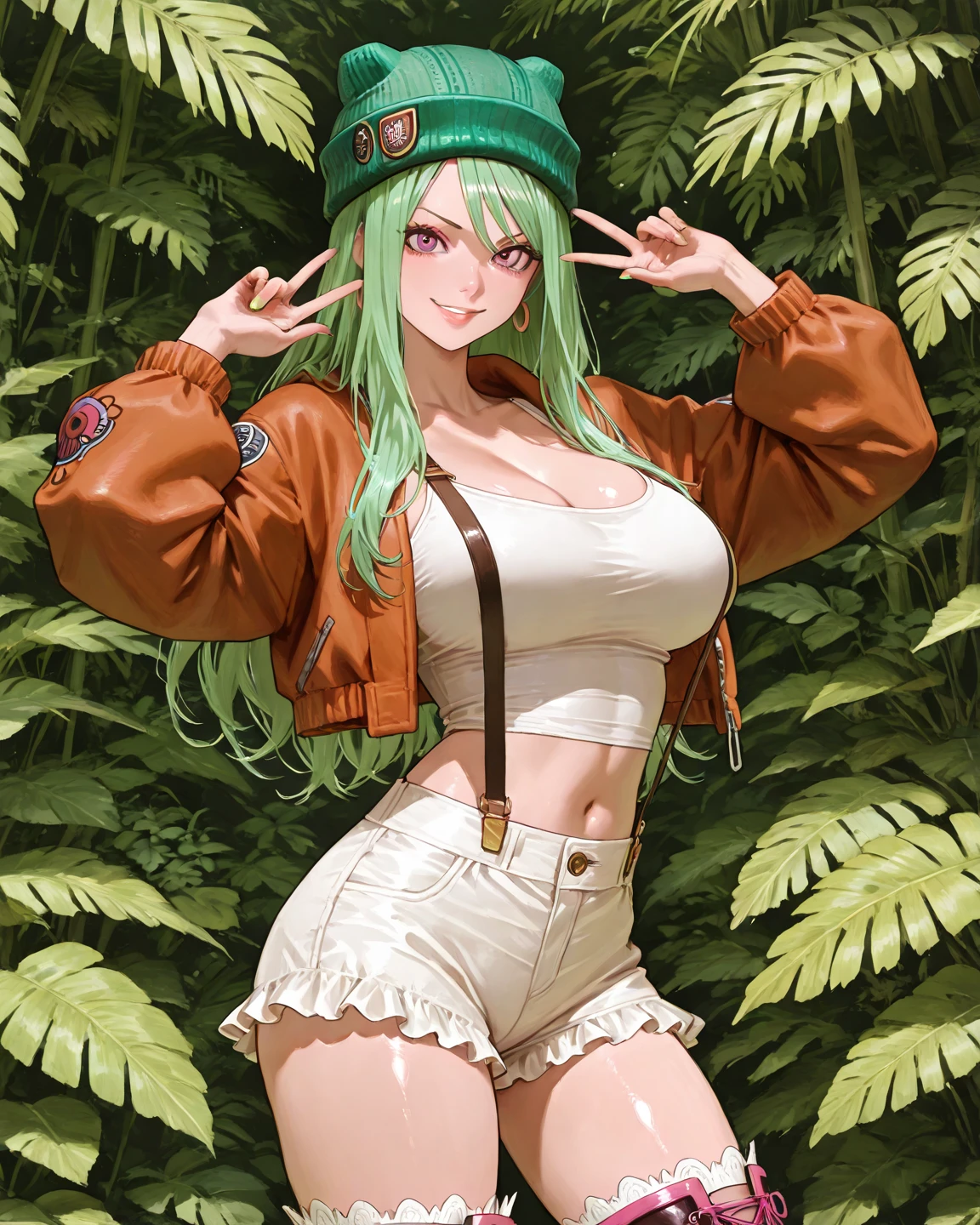 , Croped, , cleavage, slim waist, cropped hoodie underboob, cropped hoodieunderboobhoodie, 1girl, 2 wolf ears, wolf tail, ????????? crop hoodie, crop shorts, ????????? hoodie, spiky hair, spiky fur, green hair, red eyes,????????? field, tight clothes, perfect eyes, perfect hands, clear resolution, full body, cleavage skin, ????????? plants, open hoodie, ????????? field, black thigh high socks, full body, earrings, 1girl, skirt, cleavage, slim waist, cleavage, slim waist, hair pulled back, big breast, round butt, slim waist, best quality,