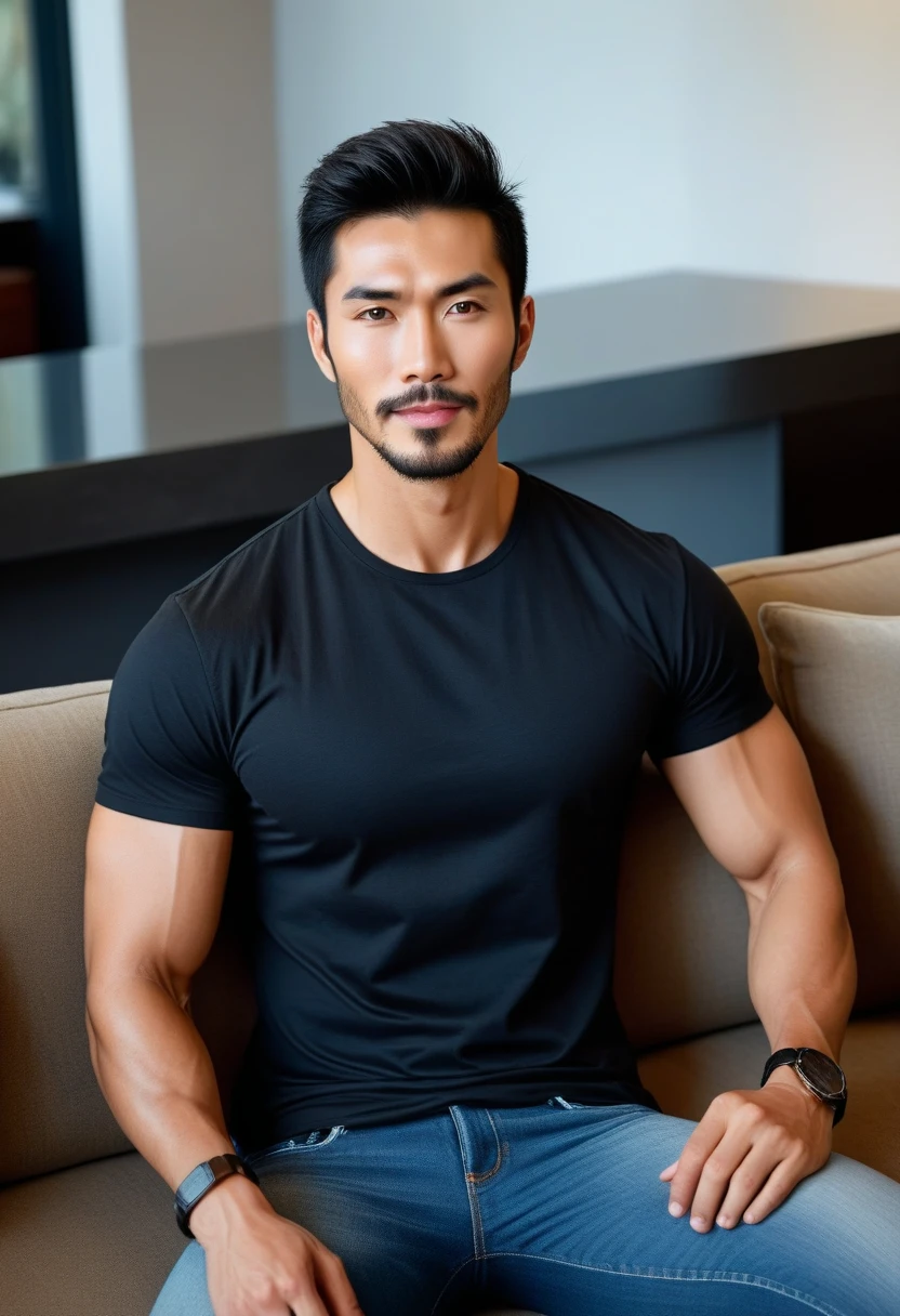 [photo :0.125]
portrait of a gruff muscular Chinese man wearing stylish clothes in a cozy mountain inn overlooking a valley, manly, athletic, stubble, arm hair, rule of thirds, flowers and plants, sharp focus, cinematic lighting
